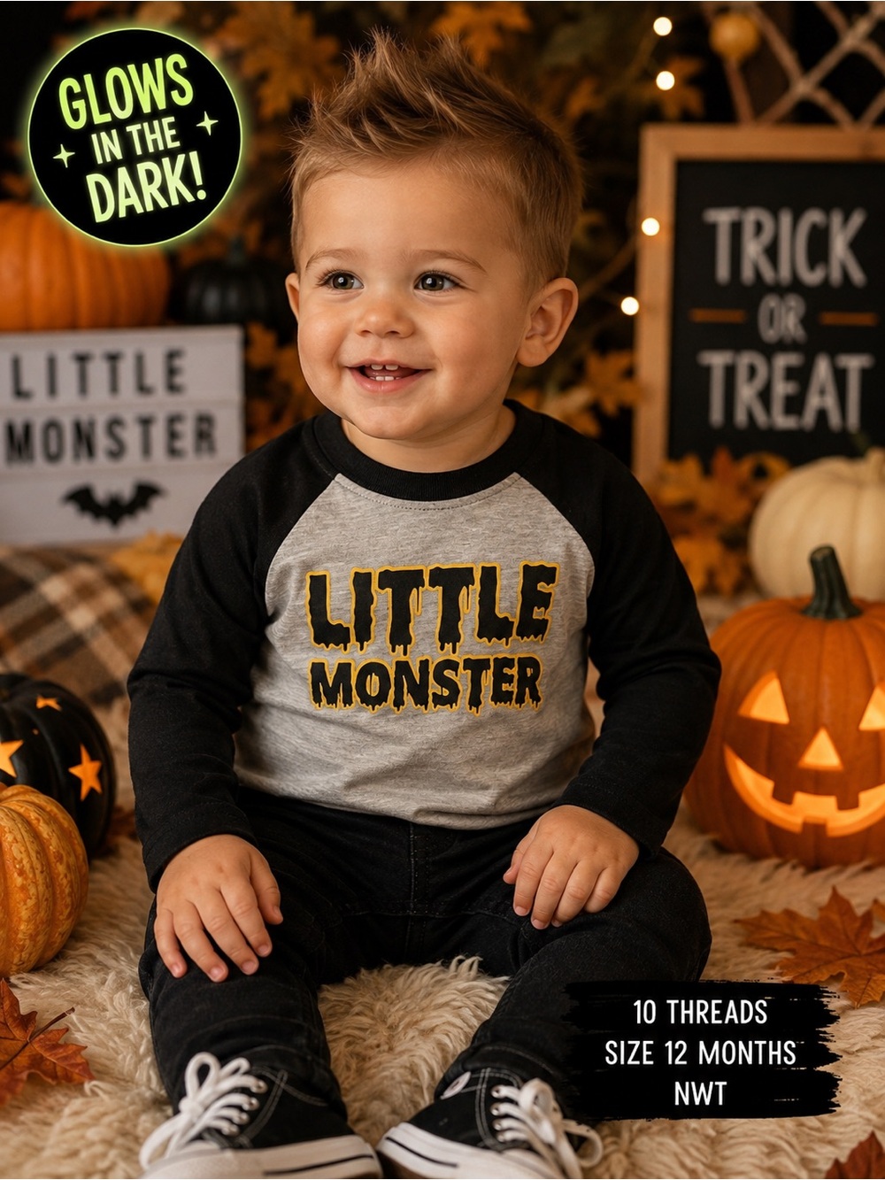 10 Threads Little Monster Glow in Dark Halloween Raglan Shirt 12M NWT